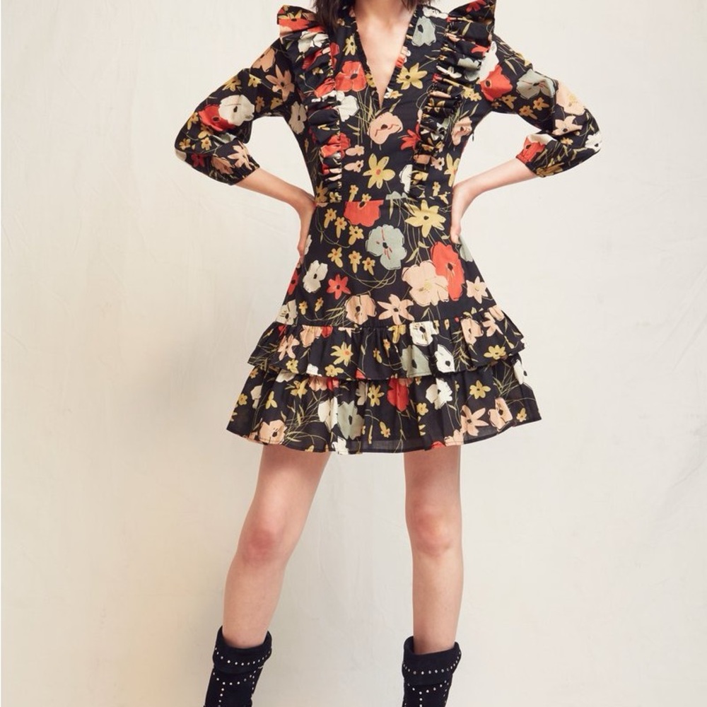 Warm Floral Ruffle Dress - Black, Red, Cream - Picture 2 of 7